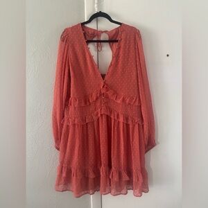 Coral Long Sleeve Ruffle Dress